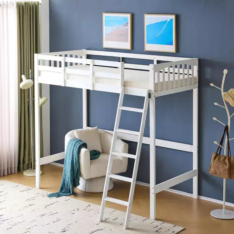 Letto a soppalco Twin Wood con Stazione di Ricarica e LED, Pioli Piatti, Sponda 15", Bianco