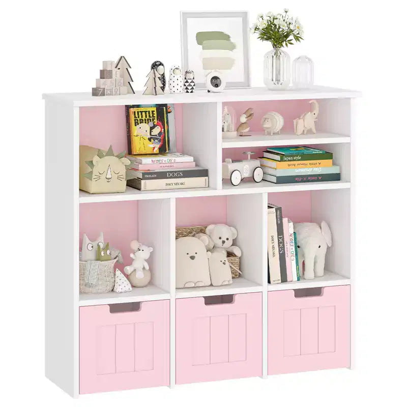 Kids Bookshelf with 3 Removable Drawers and 6 Storage Cabinets, Toddler Bookcase Toy Storage for Bedroom, Playroom, Nursery