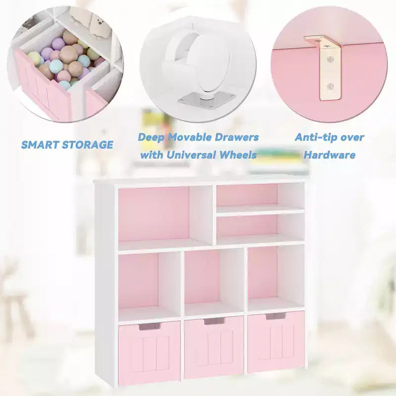 Libreria per bambini con 3 cassetti rimovibili e 6 armadietti, scaffale portaoggetti per giocattoli e libri per la cameretta dei bambini, la sala giochi e l'asilo nido