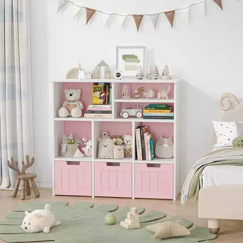 Libreria per bambini con 3 cassetti rimovibili e 6 armadietti, scaffale portaoggetti per giocattoli e libri per la cameretta dei bambini, la sala giochi e l'asilo nido
