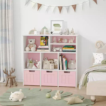 Libreria per bambini con 3 cassetti rimovibili e 6 armadietti, scaffale portaoggetti per giocattoli e libri per la cameretta dei bambini, la sala giochi e l'asilo nido