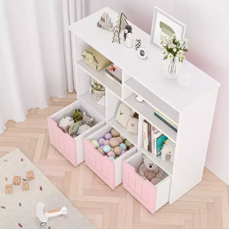 Libreria per bambini con 3 cassetti rimovibili e 6 armadietti, scaffale portaoggetti per giocattoli e libri per la cameretta dei bambini, la sala giochi e l'asilo nido