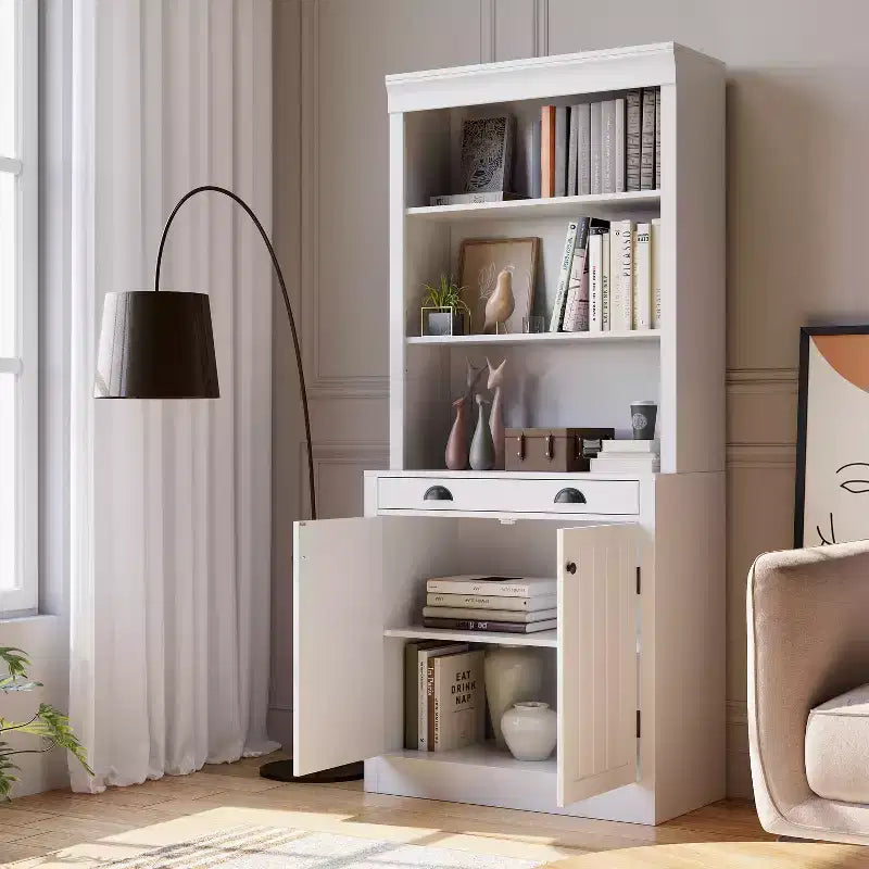 Libreria con Ante, Scaffale a 5 Ripiani da Pavimento a Soffitto con 1 Cassetto, Libreria Alta 180 cm Bianca per Ufficio Domestico, Soggiorno