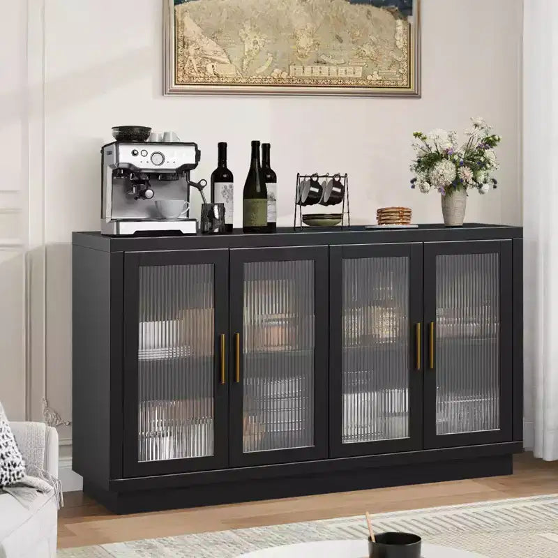 Mobile credenza nero con 4 ante in vetro e ripiani regolabili, moderno contenitore per sala da pranzo