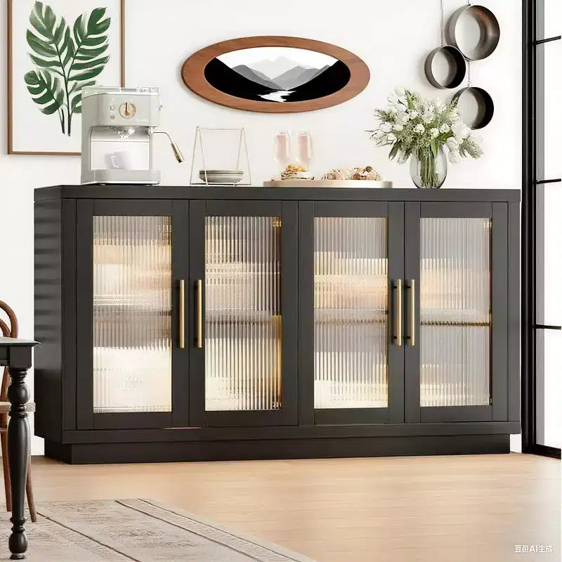 Mobile credenza nero con 4 ante in vetro e ripiani regolabili, moderno contenitore per sala da pranzo