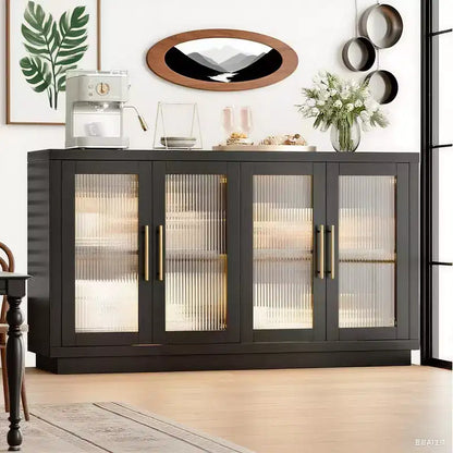 Mobile credenza nero con 4 ante in vetro e ripiani regolabili, moderno contenitore per sala da pranzo