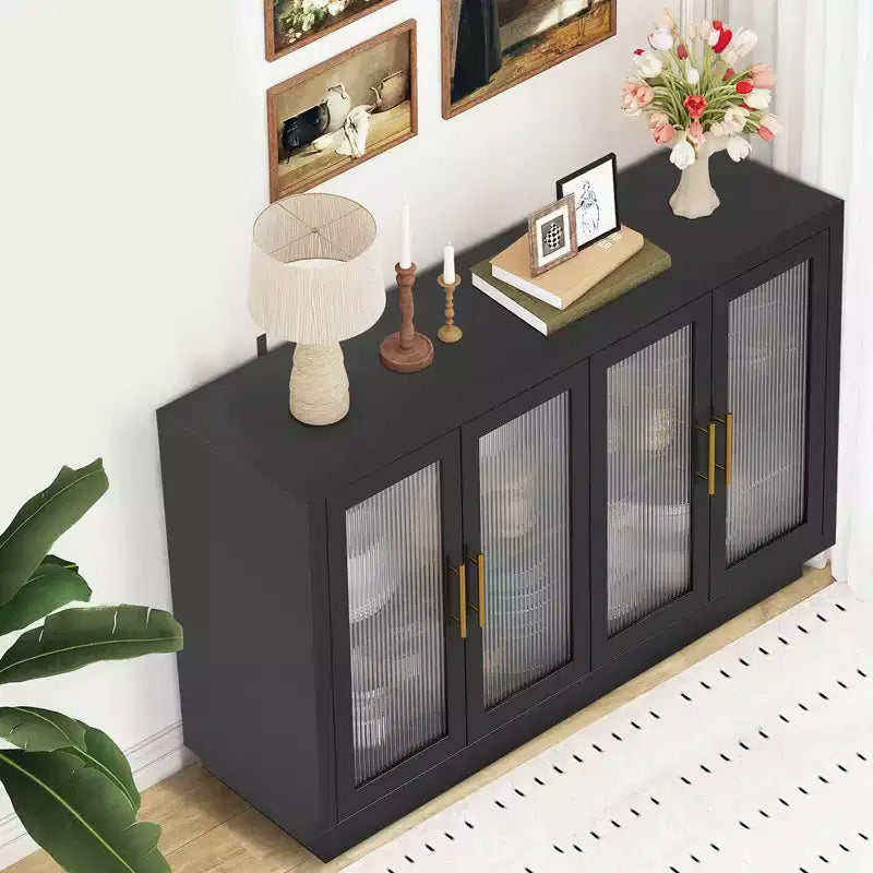 Mobile credenza nero con 4 ante in vetro e ripiani regolabili, moderno contenitore per sala da pranzo