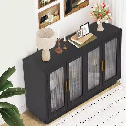 Mobile credenza nero con 4 ante in vetro e ripiani regolabili, moderno contenitore per sala da pranzo