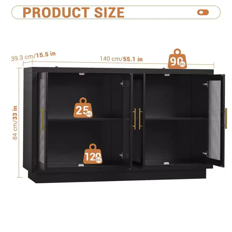 Mobile credenza nero con 4 ante in vetro e ripiani regolabili, moderno contenitore per sala da pranzo