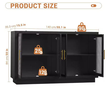 Mobile credenza nero con 4 ante in vetro e ripiani regolabili, moderno contenitore per sala da pranzo