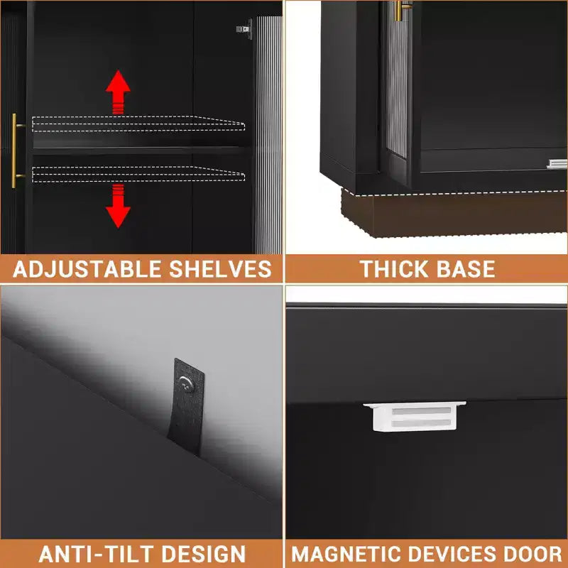 Mobile credenza nero con 4 ante in vetro e ripiani regolabili, moderno contenitore per sala da pranzo