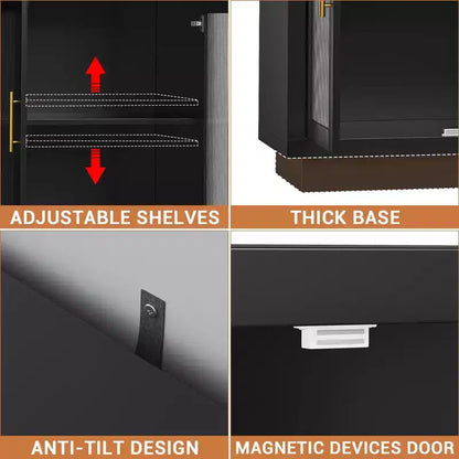 Mobile credenza nero con 4 ante in vetro e ripiani regolabili, moderno contenitore per sala da pranzo