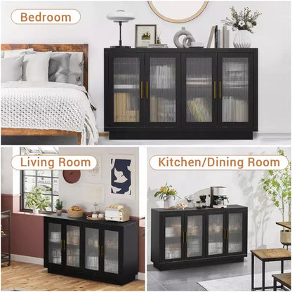 Mobile credenza nero con 4 ante in vetro e ripiani regolabili, moderno contenitore per sala da pranzo