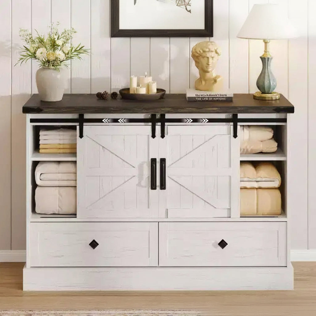 Farmhouse 4-Drawer Dresser with Sliding Barn Doors, 45 TV Stand and Storage Chest