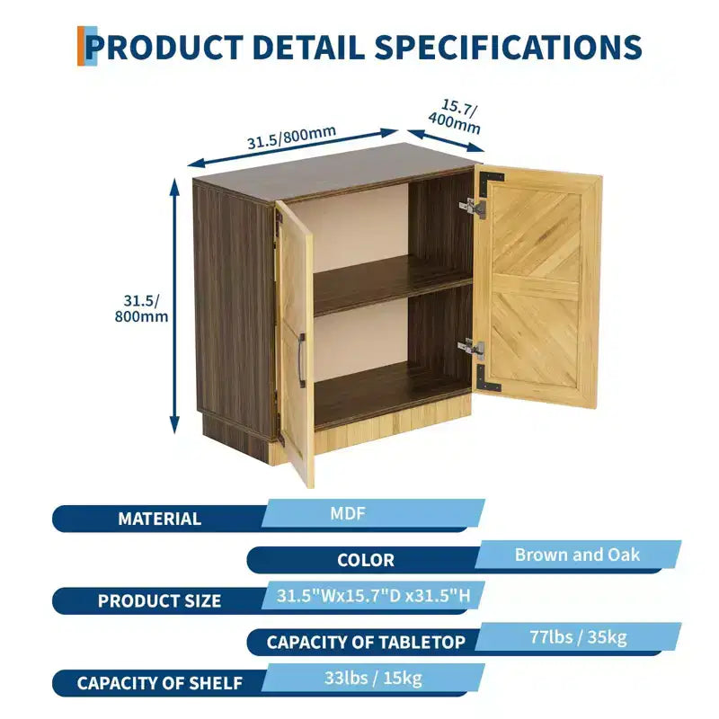 Madia a credenza piccola da 31,5" stile farmhouse con ripiani regolabili per soggiorno o ingresso