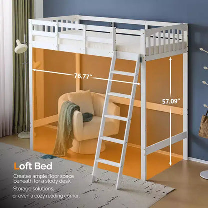 Letto a soppalco Twin Wood con Stazione di Ricarica e LED, Pioli Piatti, Sponda 15", Bianco