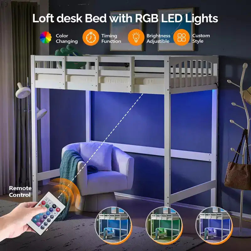 Letto a soppalco Twin Wood con Stazione di Ricarica e LED, Pioli Piatti, Sponda 15", Bianco