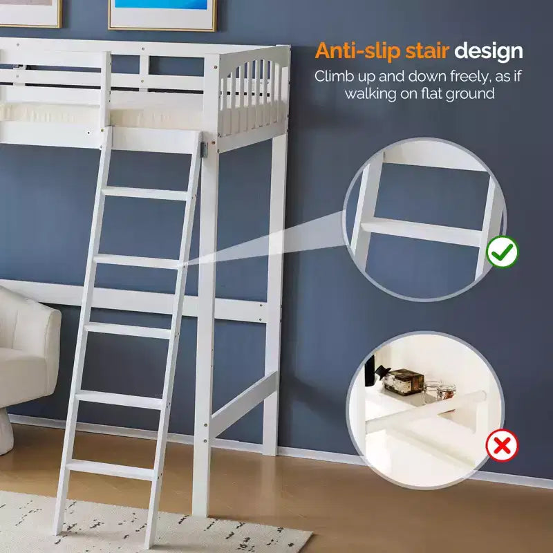 Letto a soppalco Twin Wood con Stazione di Ricarica e LED, Pioli Piatti, Sponda 15", Bianco