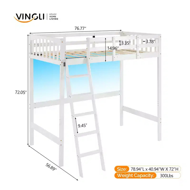 Letto a soppalco Twin Wood con Stazione di Ricarica e LED, Pioli Piatti, Sponda 15", Bianco