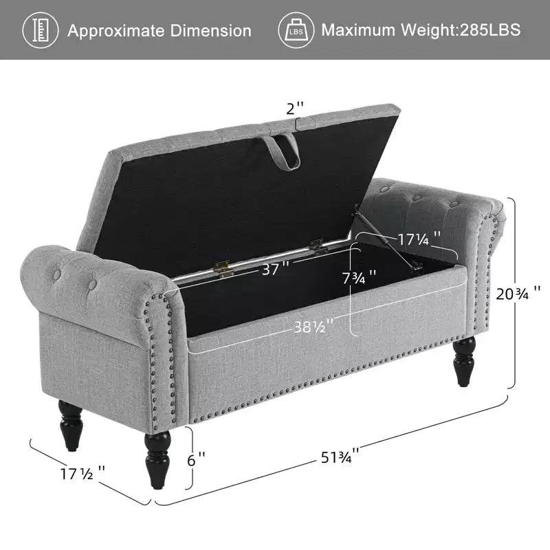 Panca-Ottomana Contenitore di Grandi Dimensioni Rivestita in Lino Trapuntato a Bottoni da 51", per Camera da Letto o Ingresso