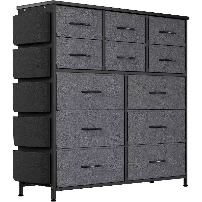 Acekool 12 Drawer Dresser, Tall Fabric Storage Tower with Wooden Top, Side Pockets & Hooks, Chest of Drawers for Bedroom, Closet, Hallway
