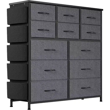 Acekool 12 Drawer Dresser, Tall Fabric Storage Tower with Wooden Top, Side Pockets & Hooks, Chest of Drawers for Bedroom, Closet, Hallway