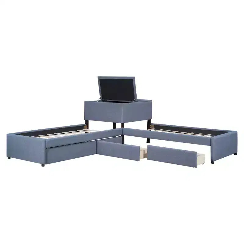 Letto a piattaforma a L una piazza e mezza, struttura letto in legno con letto estraibile e 2 cassetti e tavolino incorporato per camera da letto, grigio