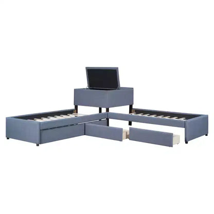 Letto a piattaforma a L una piazza e mezza, struttura letto in legno con letto estraibile e 2 cassetti e tavolino incorporato per camera da letto, grigio