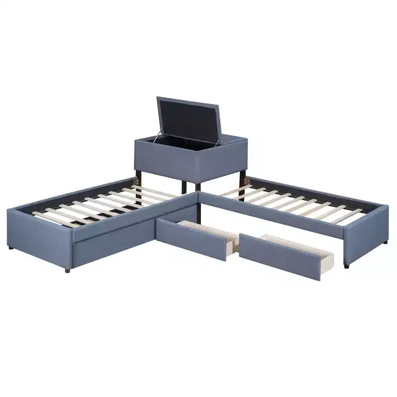 Letto a piattaforma a L una piazza e mezza, struttura letto in legno con letto estraibile e 2 cassetti e tavolino incorporato per camera da letto, grigio