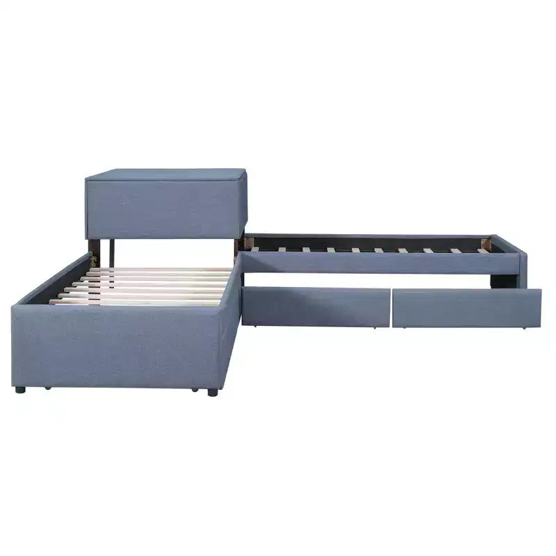 Letto a piattaforma a L una piazza e mezza, struttura letto in legno con letto estraibile e 2 cassetti e tavolino incorporato per camera da letto, grigio