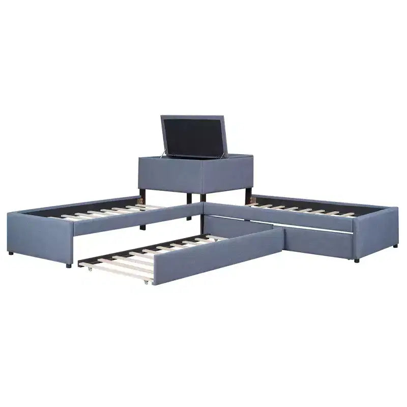 Letto a piattaforma a L una piazza e mezza, struttura letto in legno con letto estraibile e 2 cassetti e tavolino incorporato per camera da letto, grigio