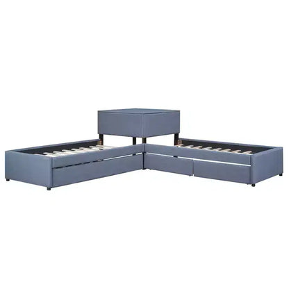 Letto a piattaforma a L una piazza e mezza, struttura letto in legno con letto estraibile e 2 cassetti e tavolino incorporato per camera da letto, grigio