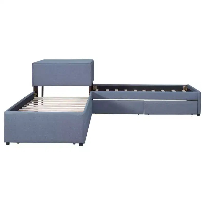 Letto a piattaforma a L una piazza e mezza, struttura letto in legno con letto estraibile e 2 cassetti e tavolino incorporato per camera da letto, grigio