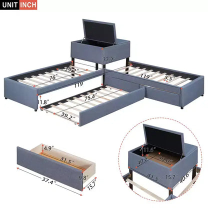 Letto a piattaforma a L una piazza e mezza, struttura letto in legno con letto estraibile e 2 cassetti e tavolino incorporato per camera da letto, grigio