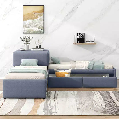 Letto a piattaforma a L una piazza e mezza, struttura letto in legno con letto estraibile e 2 cassetti e tavolino incorporato per camera da letto, grigio