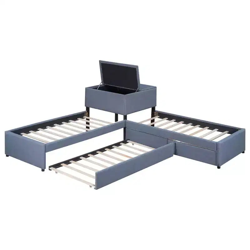Letto a piattaforma a L una piazza e mezza, struttura letto in legno con letto estraibile e 2 cassetti e tavolino incorporato per camera da letto, grigio