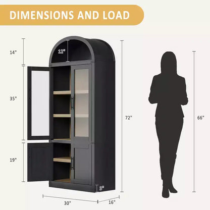 Libreria ad arco a 6 ripiani con ante in vetro - Scaffale moderno in stile rustico, vetrinetta in legno per soggiorno, cucina e ufficio
