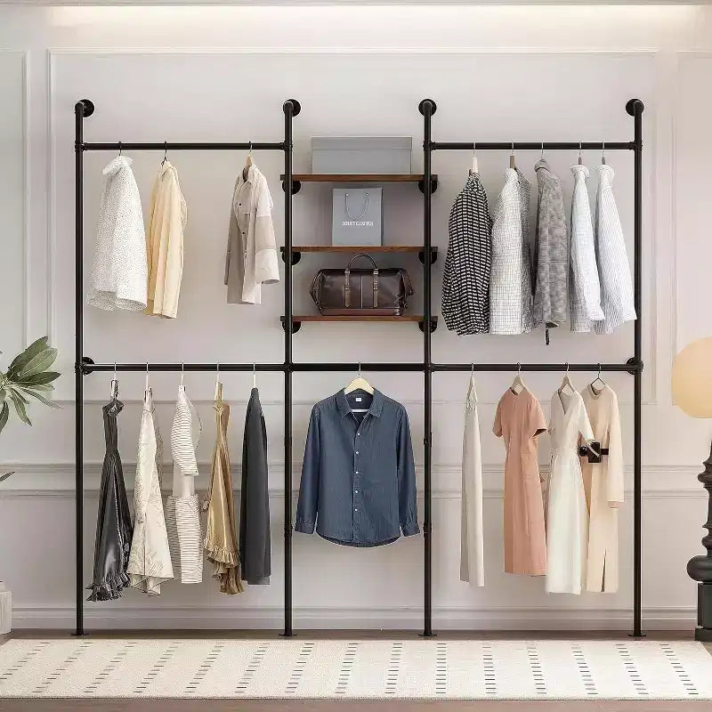 Industrial Pipe Clothing Racks with 3 Shelves, Black Wall Mounted Clothes Rack, Heavy Duty Garment Rack Closet Wardrobe Rack for Walk In Closet