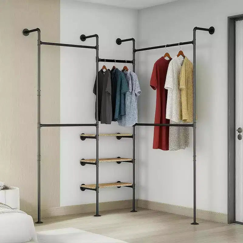 Appendiabiti industriali a tubo con 3 ripiani, stender appendiabiti a parete nero, appendiabiti resistente per cabina armadio
