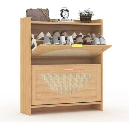 Rattan Shoe Cabinet with 2 or 4 Flip Drawers, Free Standing Wooden Shoe Storage Organizer Cabinet with Adjustable Shelves for Entryway,Hallway,Foyer
