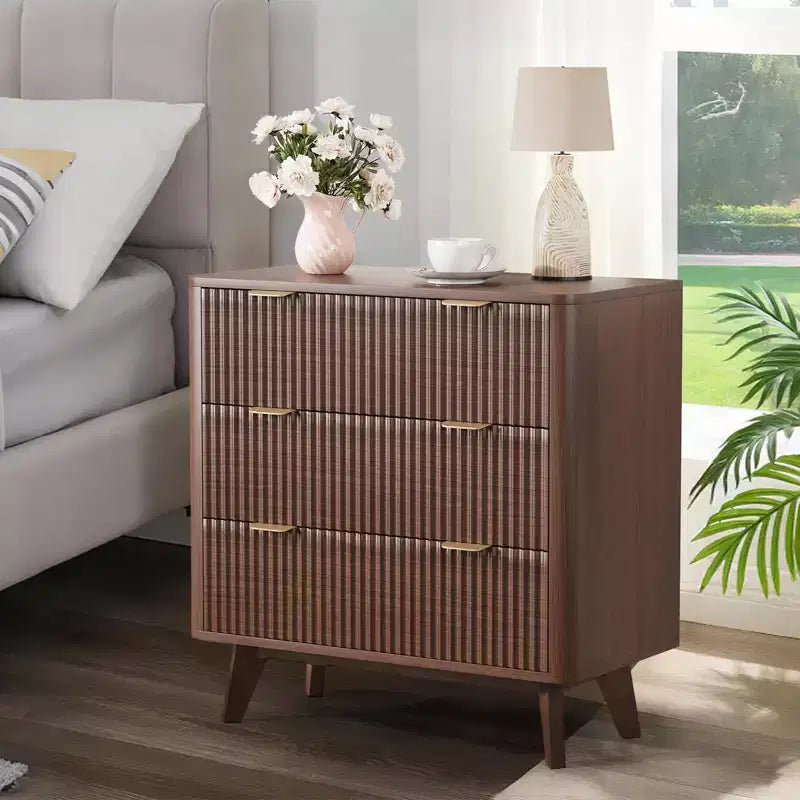32 Modern Fluted Nightstand - Faux Marble Top & 3 Drawers - Large Walnut Bedside Table for Bedroom, Living Room, Hallway