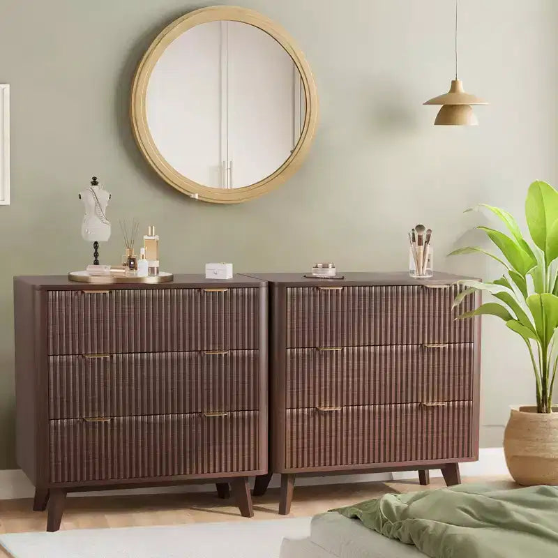 Comodino moderno a 32 scanalature - Piano in finto marmo e 3 cassetti - Grande comodino in noce per camera da letto, soggiorno, corridoio