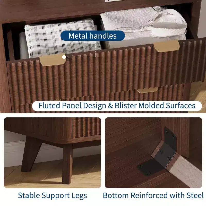 Comodino moderno a 32 scanalature - Piano in finto marmo e 3 cassetti - Grande comodino in noce per camera da letto, soggiorno, corridoio