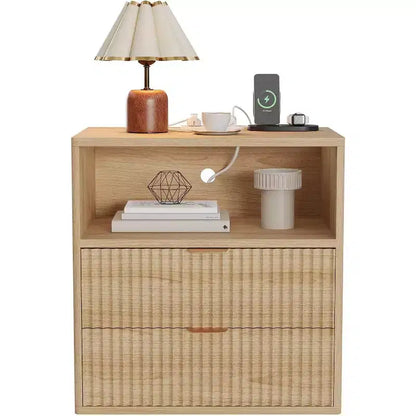 Acekool Fluted Farmhouse Nightstand with Charging Station, 23 Mid-Century Modern End Table with 2 Drawers & Open Shelf
