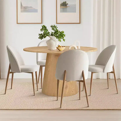 5-Piece Round Oak Dining Table Set, 46 Pedestal Table and 4 Upholstered Chairs with Oak Metal Legs for Kitchen or Dining Room-Panipeachy