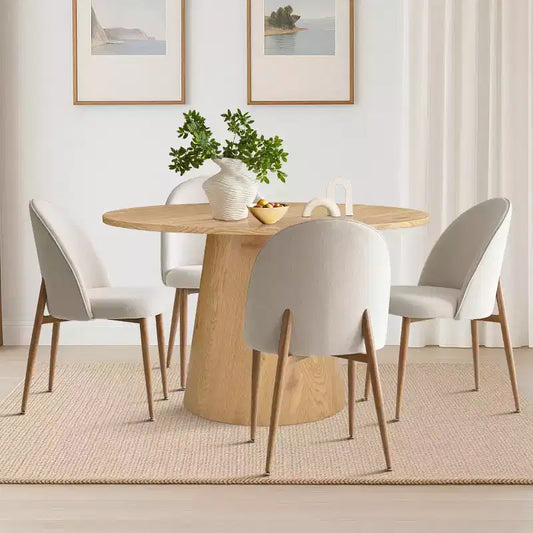 5-Piece Round Oak Dining Table Set, 46 Pedestal Table and 4 Upholstered Chairs with Oak Metal Legs for Kitchen or Dining Room-Panipeachy