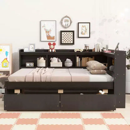 Letto matrimoniale con libreria a L a grandezza naturale con prese di corrente, porte di ricarica USB, due cassetti, letto matrimoniale a L con libreria color espresso