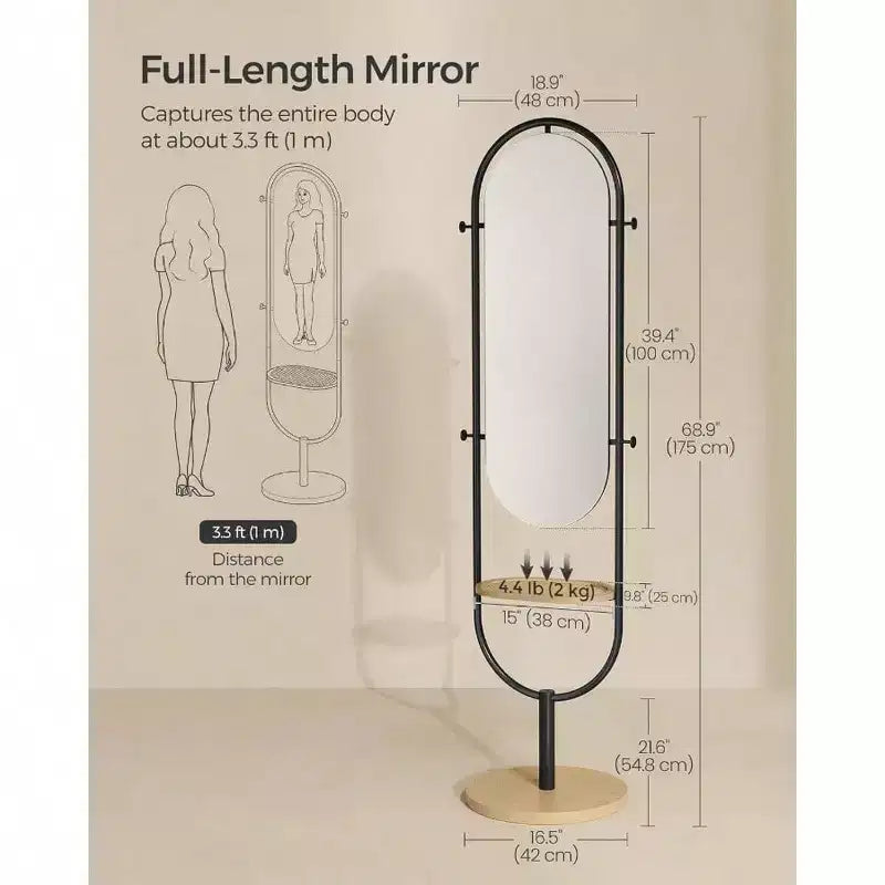Specchio a figura intera, design 3 in 1 pluripremiato. In rovere beige e nero inchiostro per l'arredamento del soggiorno e della camera da letto