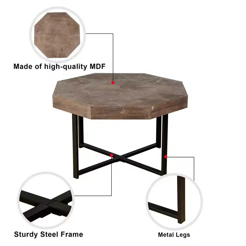 Tavolino da caffè ottagonale vintage da 73,9 cm per soggiorno, tavolino centrale in legno con base a croce in acciaio