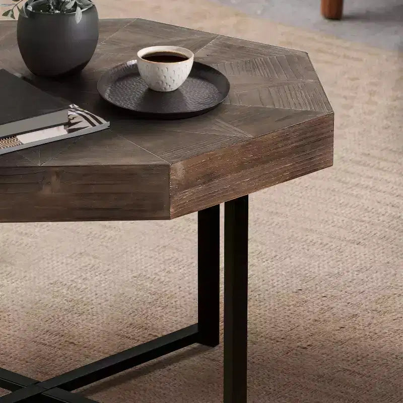 Tavolino da caffè ottagonale vintage da 73,9 cm per soggiorno, tavolino centrale in legno con base a croce in acciaio